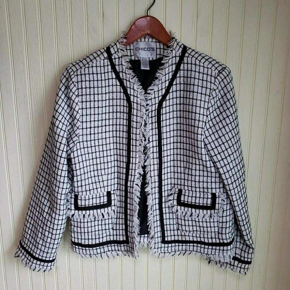 Chico's Blazer Jacket Womens 1 White Black Check Tweed Fringe Open Front Lined - Picture 2 of 8
